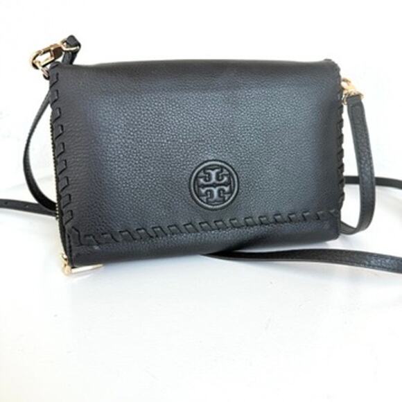 TORY BURCH Marion Flat Wallet Crossbody Bag Black Leather Gold Hardware - Picture 3 of 12